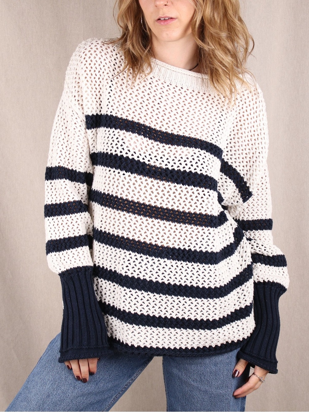 Zara Open-Knit Sweater Knit Top Navy and White Stripes XS - S